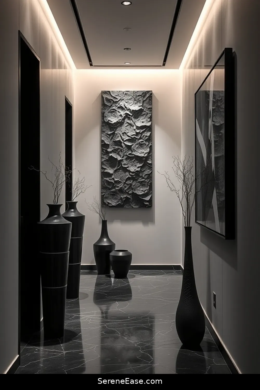 16 Ways to Achieve a Monochromatic Hallway in Minimalist Style 14 Utilize Decorative Accents for 16 Ways to Achieve a Monochromatic Hallway in Minimalist Style