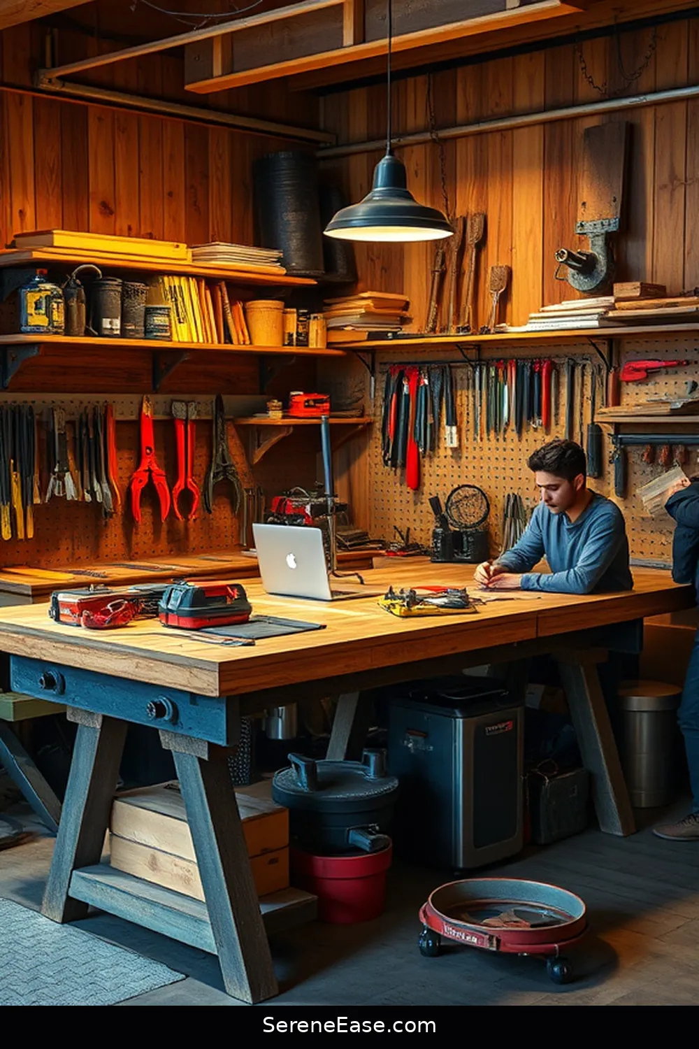 16 Ways to Create a Bold and Bright Industrial-Style Garage 10 Create a Functional Workbench for 16 Ways to Create a Bold and Bright Industrial-Style Garage