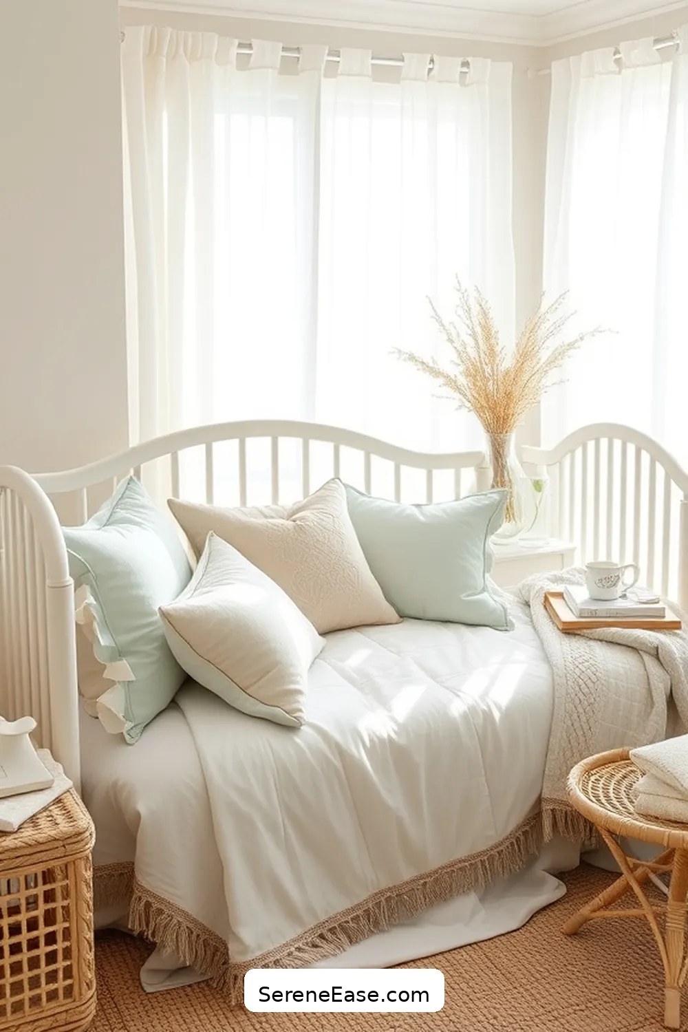 16 Ways to Create a Monochromatic Coastal Nursery Style 5 Use Soft, Layered Bedding for 16 Ways to Create a Monochromatic Coastal Nursery Style