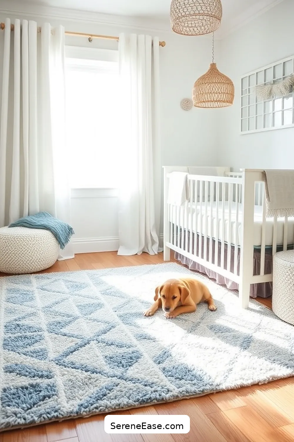 16 Ways to Create a Monochromatic Coastal Nursery Style 10 Use Soft Rugs to Define Spaces for 16 Ways to Create a Monochromatic Coastal Nursery Style