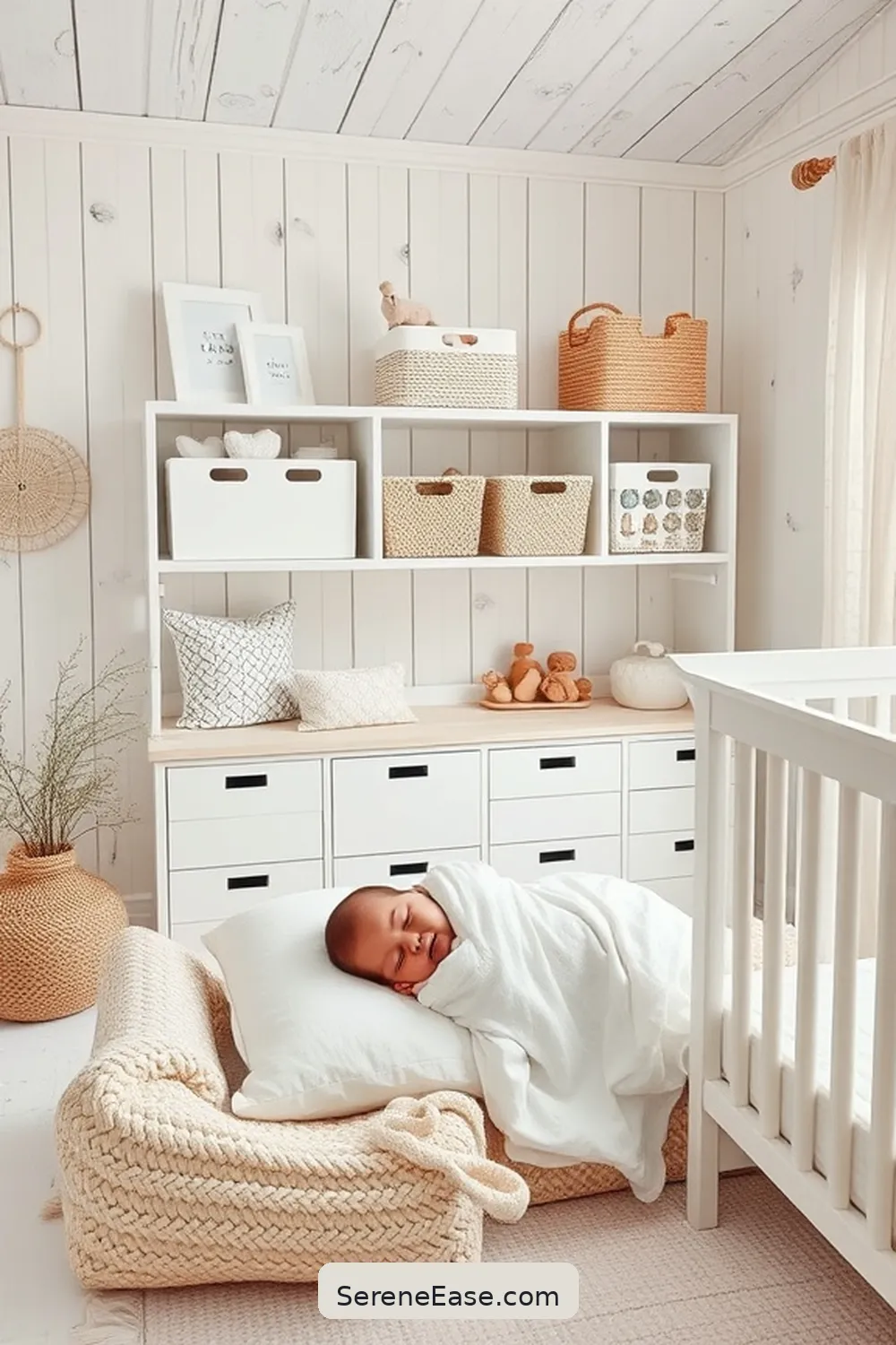 16 Ways to Create a Monochromatic Coastal Nursery Style 14 Use Storage Solutions That Blend in for 16 Ways to Create a Monochromatic Coastal Nursery Style