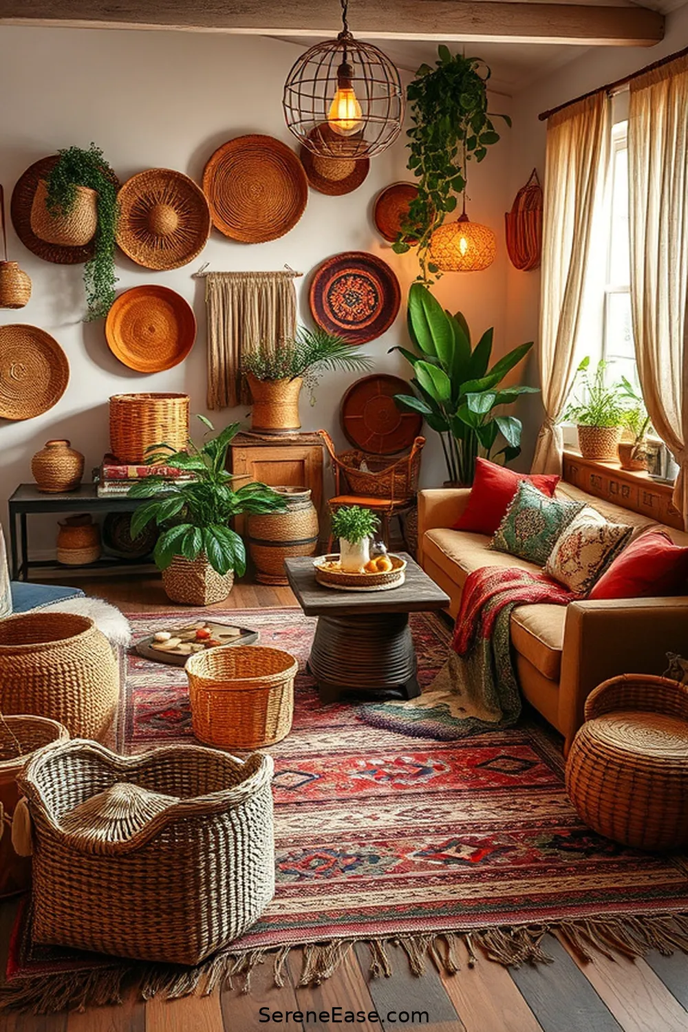 16 Ways to Embrace Earth Tones in Bohemian Living Room Style 10 Utilize Woven Baskets for 16 Ways to Embrace Earth Tones in Bohemian Living Room Style