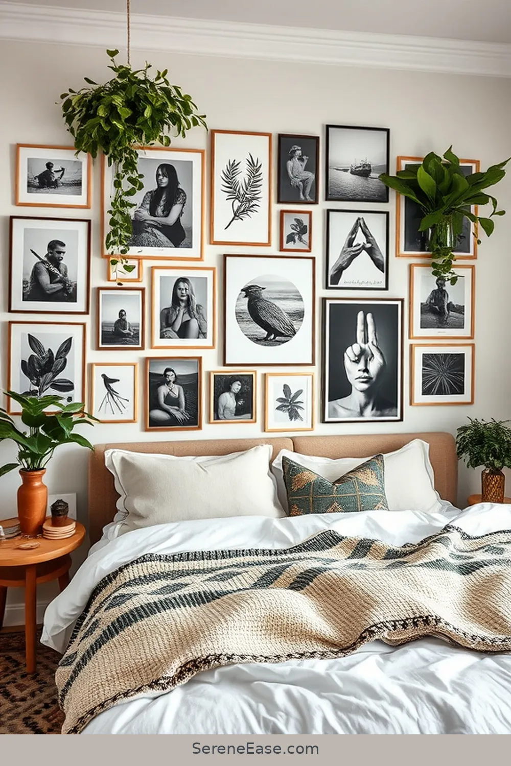 Curate a Gallery Wall With Black and White Photos for 16 Ways to Incorporate Black and White Style in Your Bohemian Bedroom
