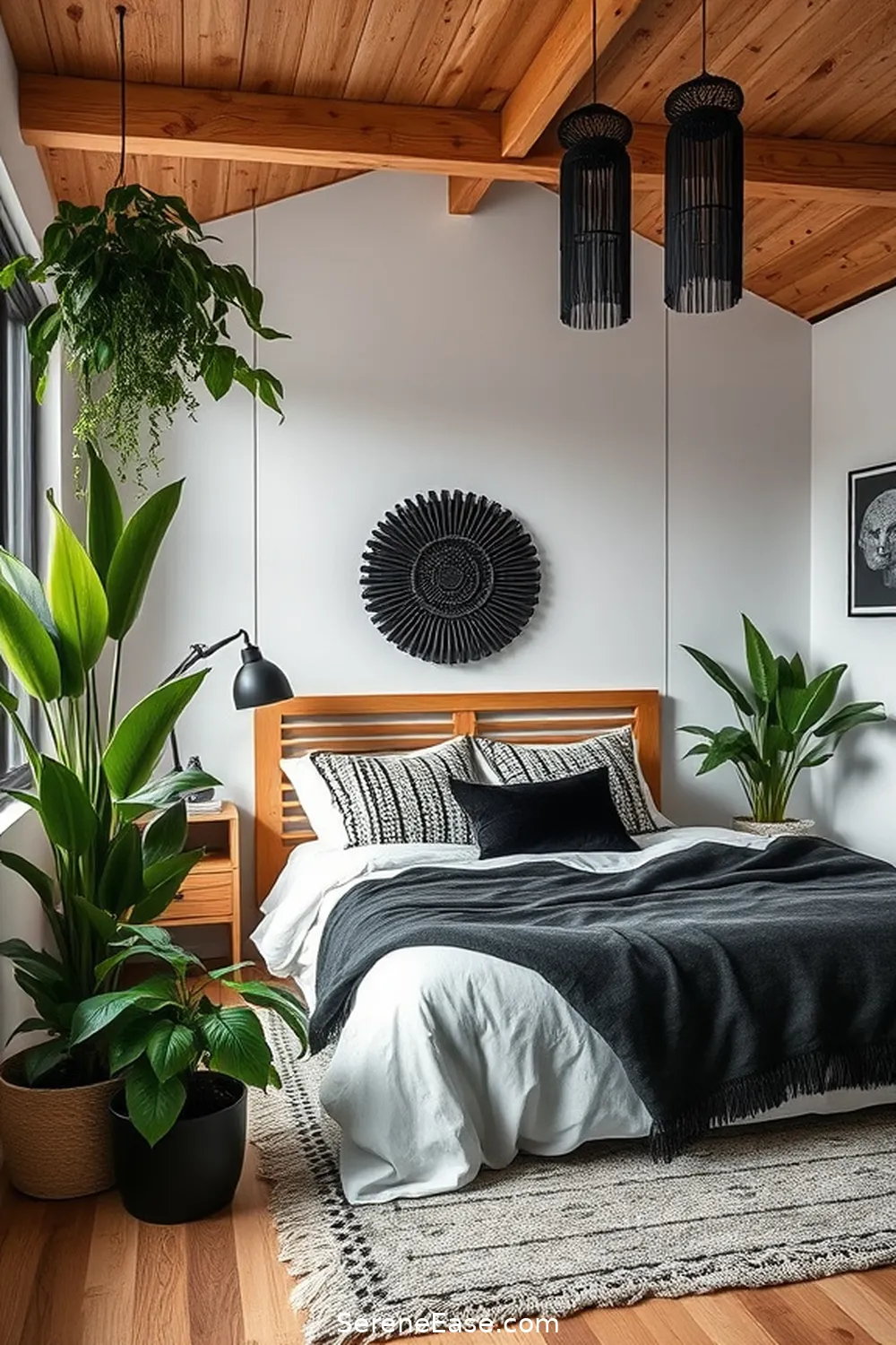 Include Natural Elements With Black Accents for 16 Ways to Incorporate Black and White Style in Your Bohemian Bedroom