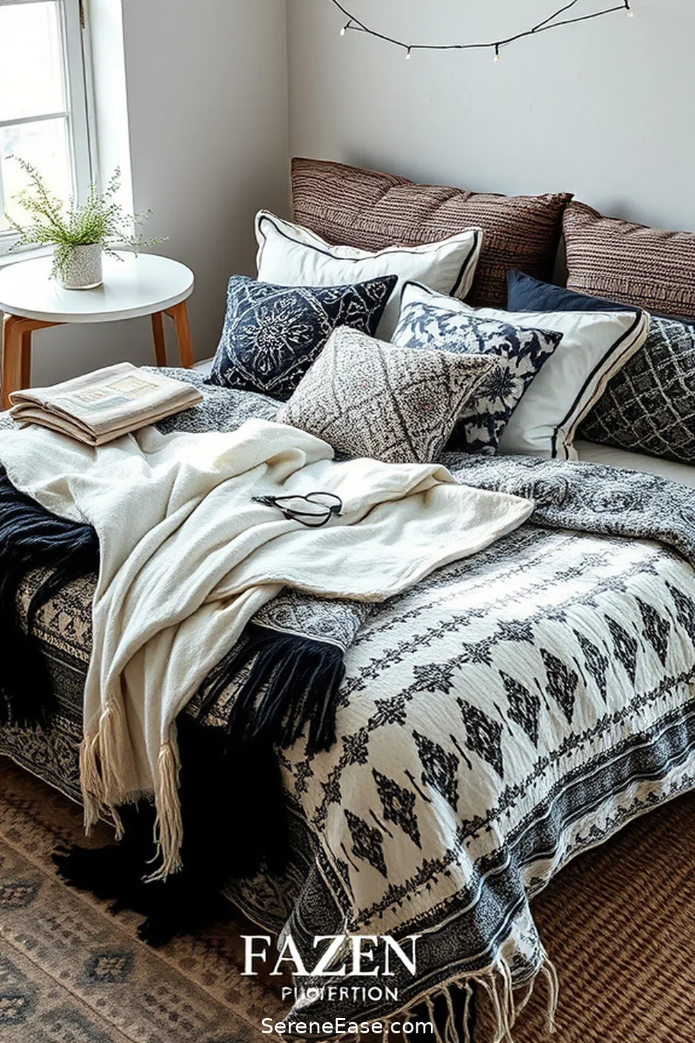 Layer Textures With Black and White Throws for 16 Ways to Incorporate Black and White Style in Your Bohemian Bedroom