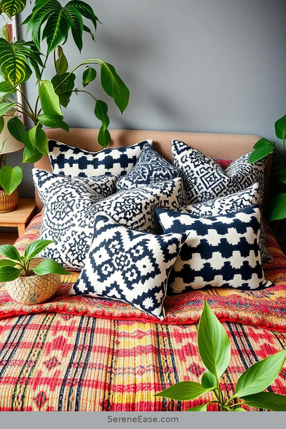 Mix Patterns With Black and White Pillows for 16 Ways to Incorporate Black and White Style in Your Bohemian Bedroom