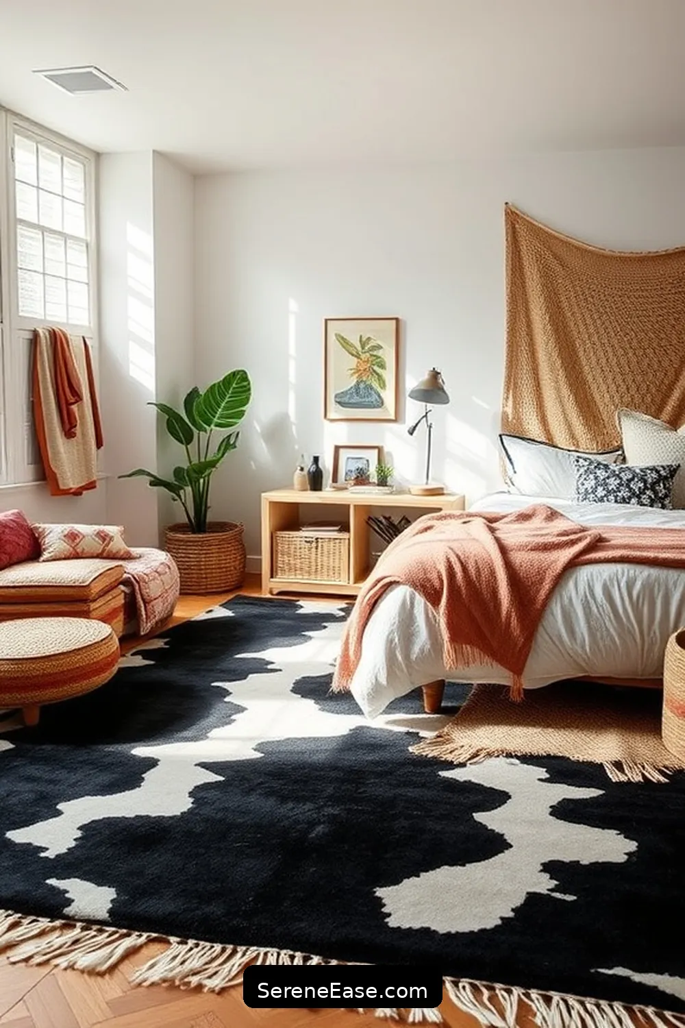 Select a Striking Area Rug for 16 Ways to Incorporate Black and White Style in Your Bohemian Bedroom