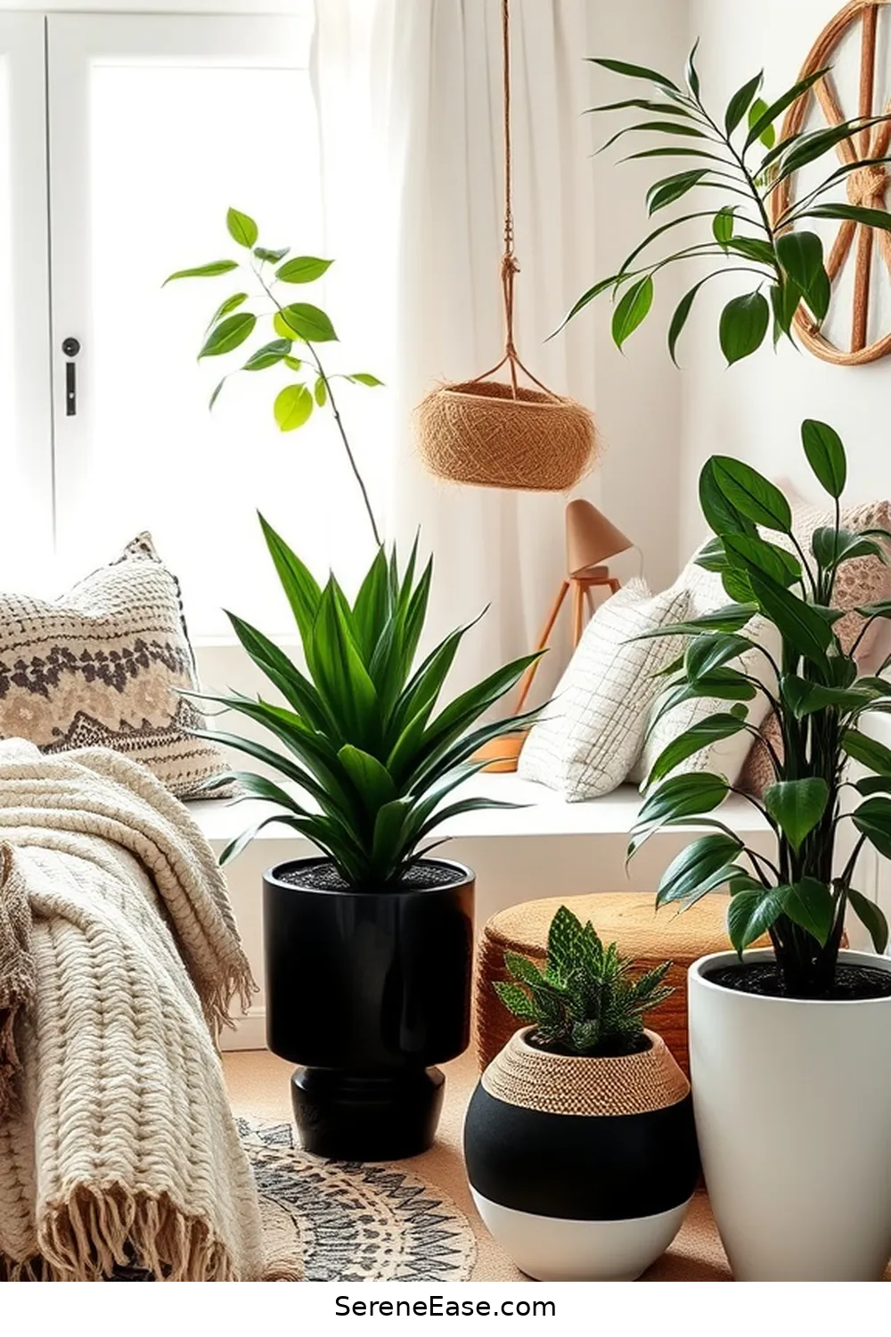 Use Black and White Planters for Indoor Plants for 16 Ways to Incorporate Black and White Style in Your Bohemian Bedroom