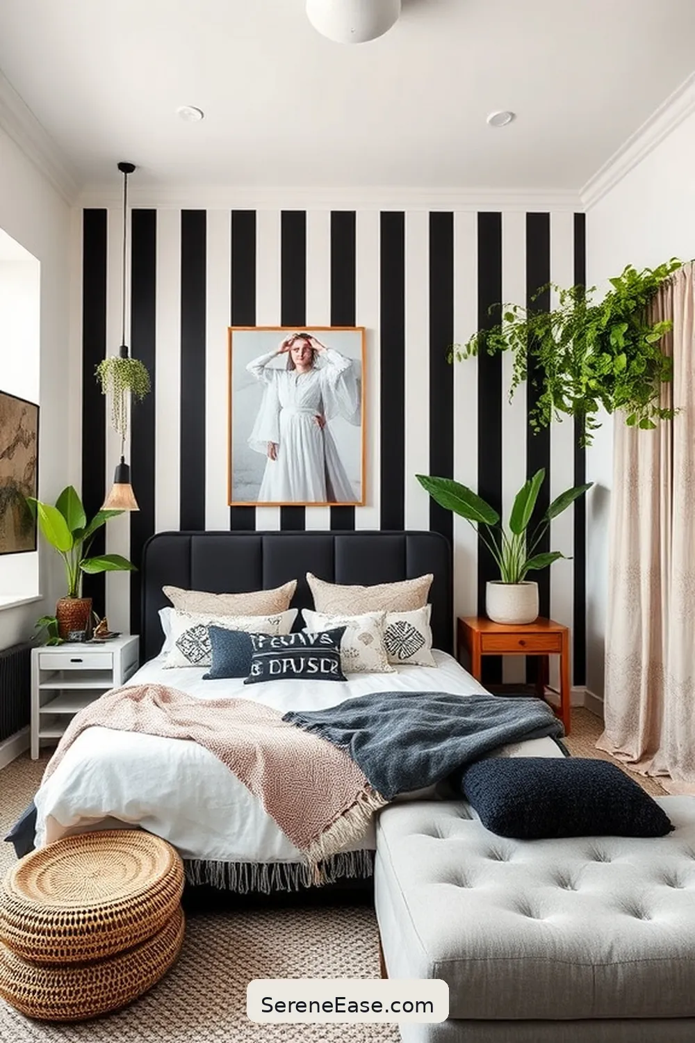 Use Striped or Geometric Accent Walls for 16 Ways to Incorporate Black and White Style in Your Bohemian Bedroom