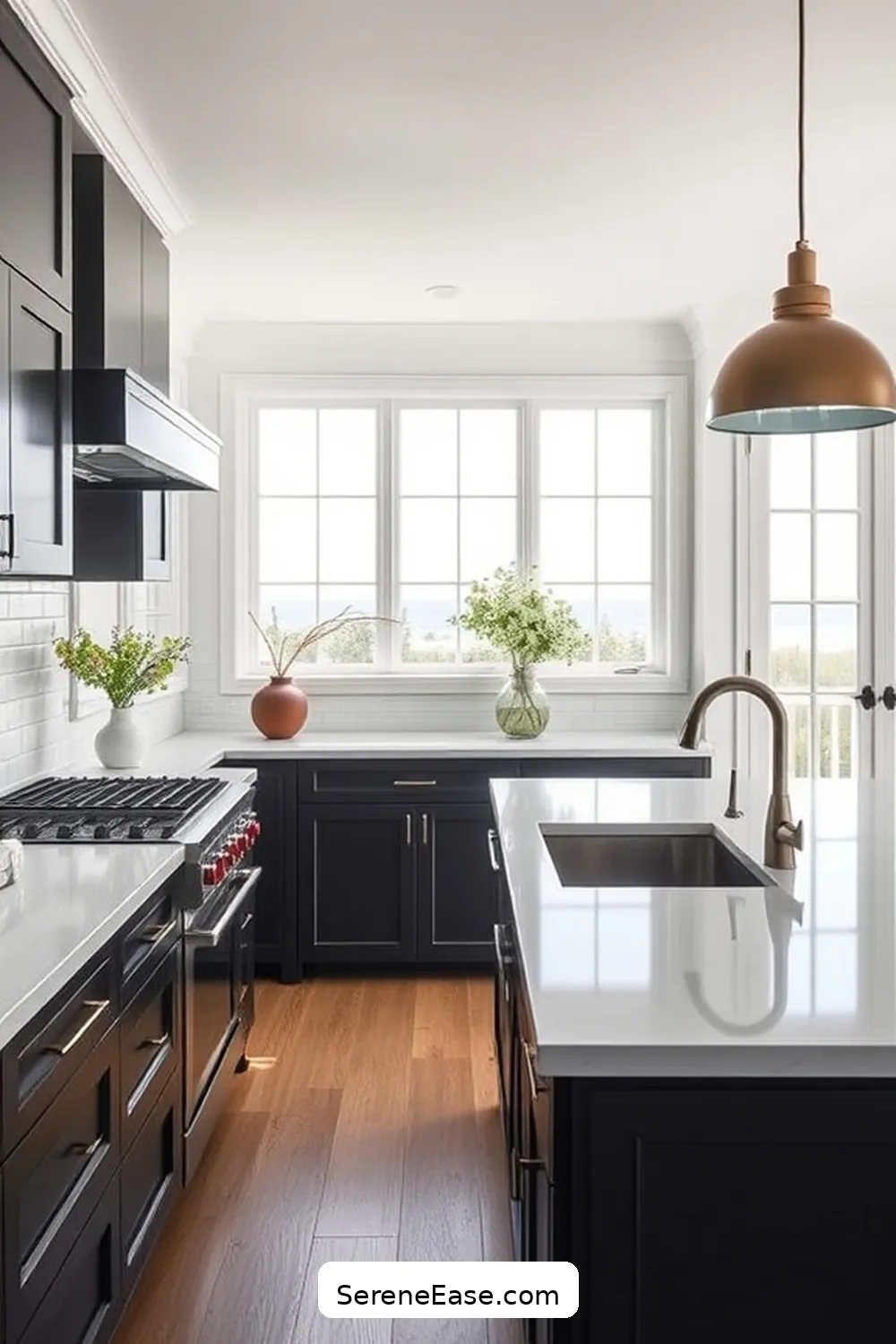 16 Ways to Incorporate Black and White Style in Your Coastal Kitchen 5 Use Black Cabinetry With White Countertops for 16 Ways to Incorporate Black and White Style in Your Coastal Kitchen