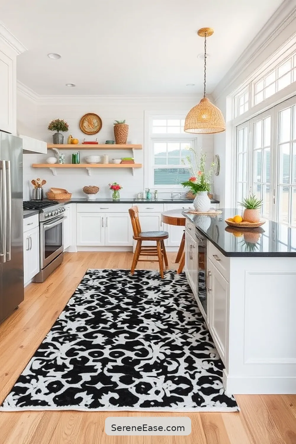 16 Ways to Incorporate Black and White Style in Your Coastal Kitchen 9 Use Rugs With Bold Patterns for 16 Ways to Incorporate Black and White Style in Your Coastal Kitchen