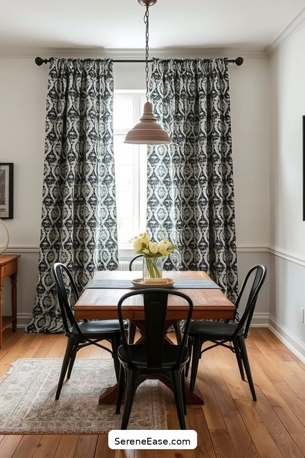 16 Ways to Incorporate Black and White Style in Your Rustic Dining Room 17 Incorporate Patterned Black and White Curtains for 16 Ways to Incorporate Black and White Style in Your Rustic Dining Room
