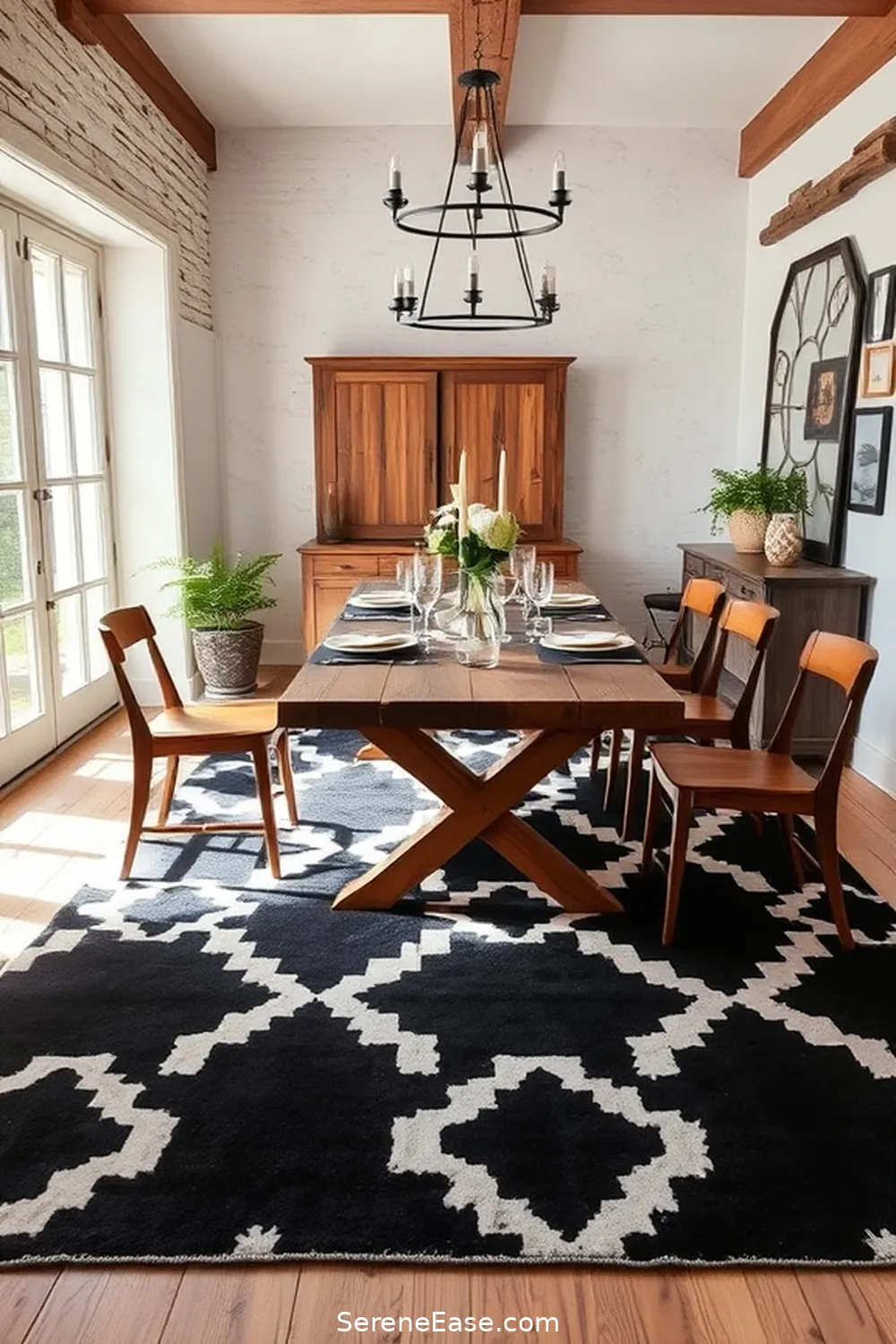 16 Ways to Incorporate Black and White Style in Your Rustic Dining Room 7 Utilize Graphic Black and White Rugs for 16 Ways to Incorporate Black and White Style in Your Rustic Dining Room