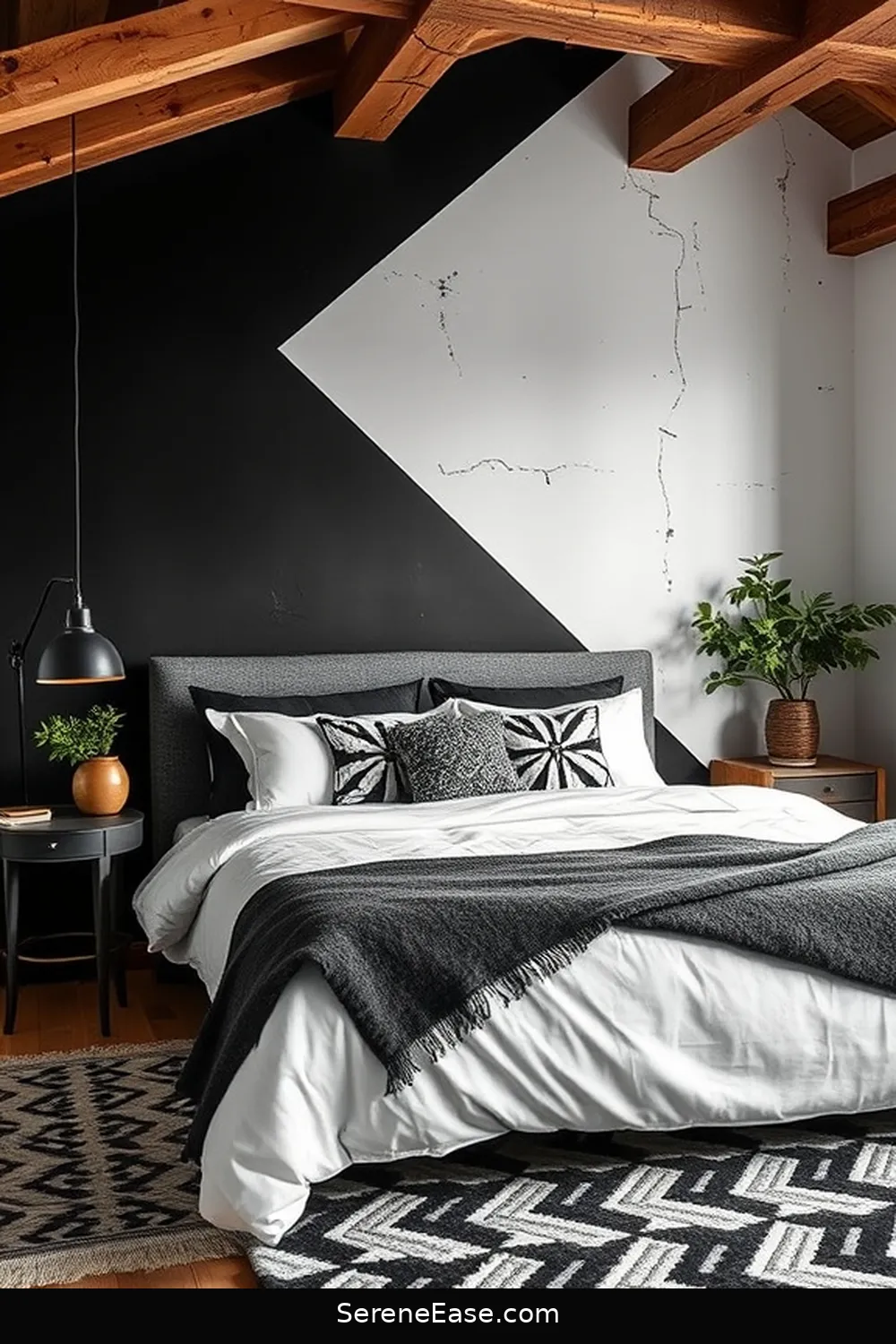 16 Ways to Incorporate Black and White Style in a Rustic Bedroom 2 Choose a Bold Black and White Feature Wall for 16 Ways to Incorporate Black and White Style in a Rustic Bedroom