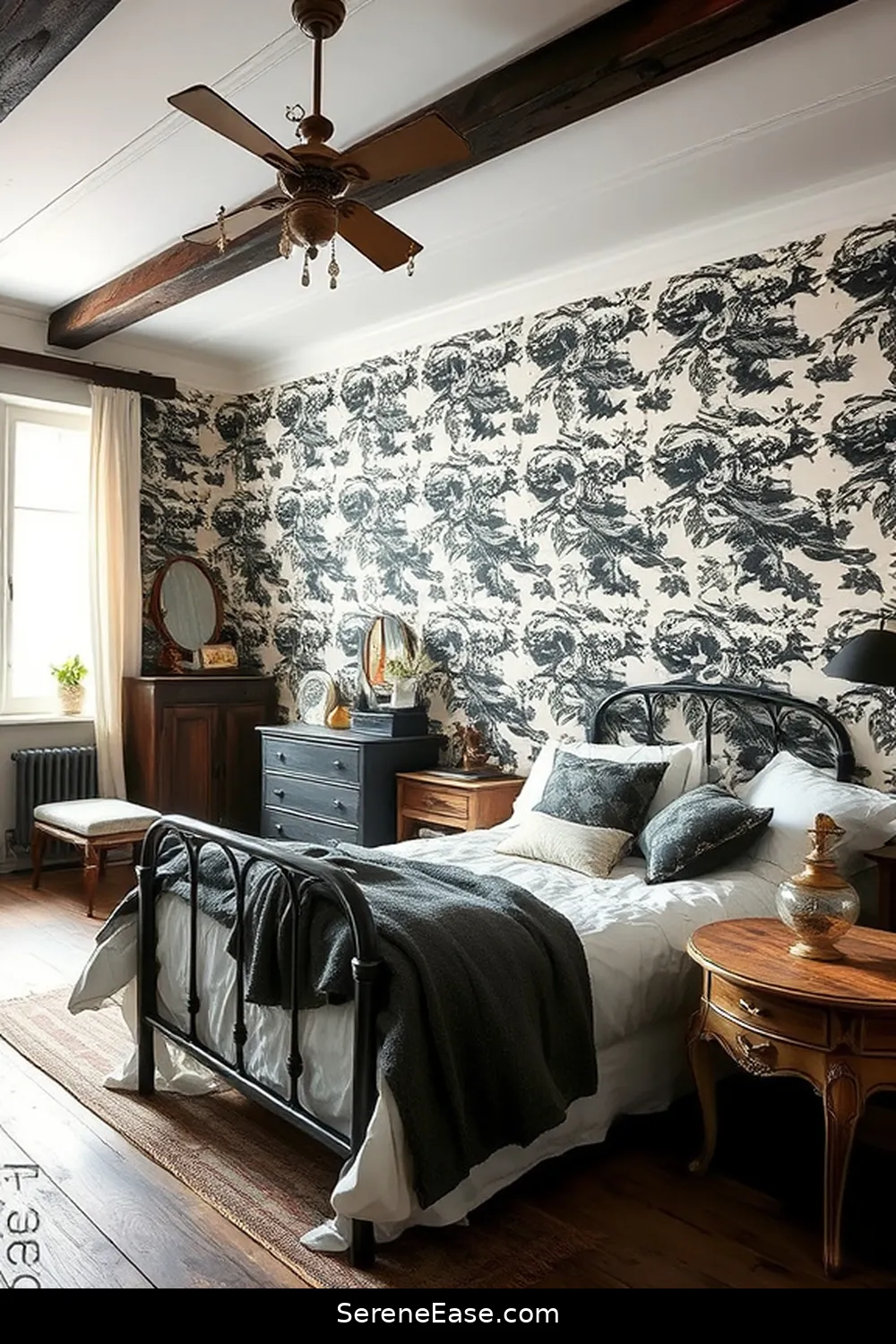 16 Ways to Incorporate Black and White Style in a Rustic Bedroom 15 Install Black and White Wallpaper for 16 Ways to Incorporate Black and White Style in a Rustic Bedroom