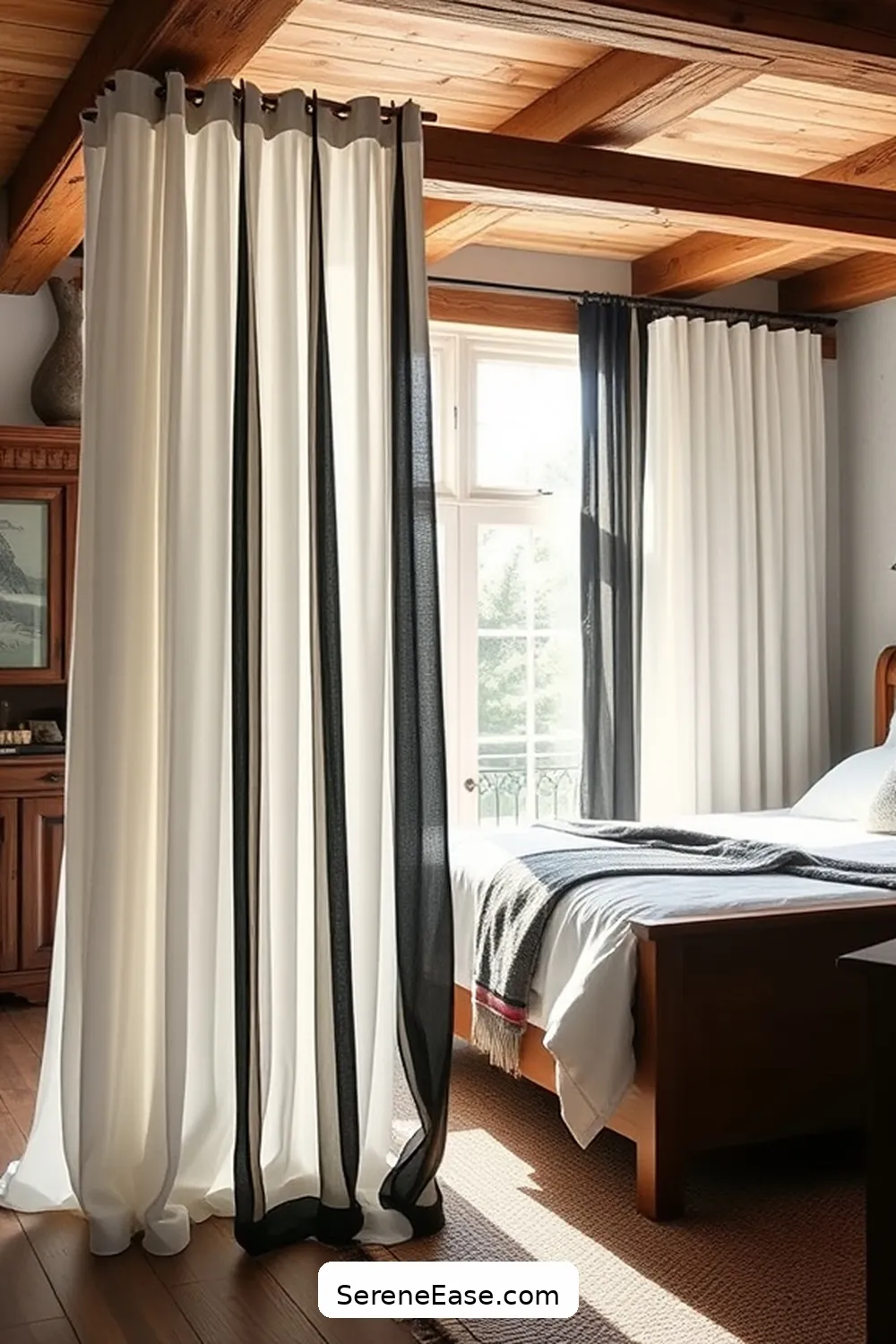 16 Ways to Incorporate Black and White Style in a Rustic Bedroom 8 Introduce Black and White Curtains for 16 Ways to Incorporate Black and White Style in a Rustic Bedroom