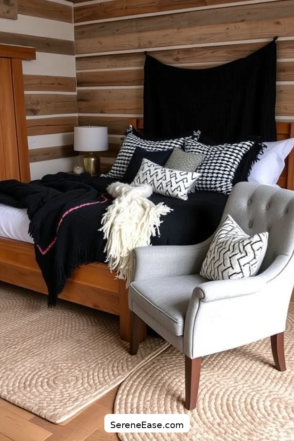 16 Ways to Incorporate Black and White Style in a Rustic Bedroom 14 Layer With Black and White Throws for 16 Ways to Incorporate Black and White Style in a Rustic Bedroom