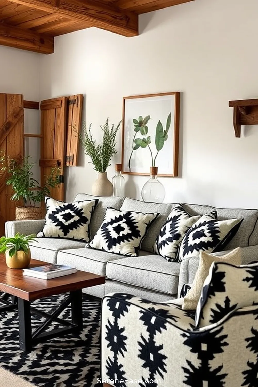 16 Ways to Incorporate Black and White in Rustic Living Room Style 11 Introduce Graphic Black and White Textiles for 16 Ways to Incorporate Black and White in Rustic Living Room Style