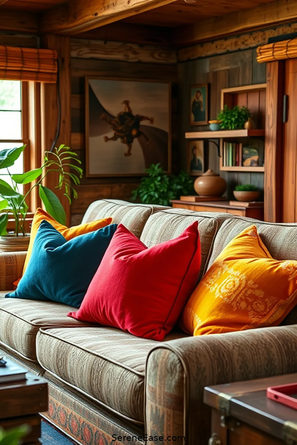 16 Ways to Incorporate Bold and Bright Colors in Your Rustic Living Room Style 4 Use Vibrant Throw Pillows for 16 Ways to Incorporate Bold and Bright Colors in Your Rustic Living Room Style