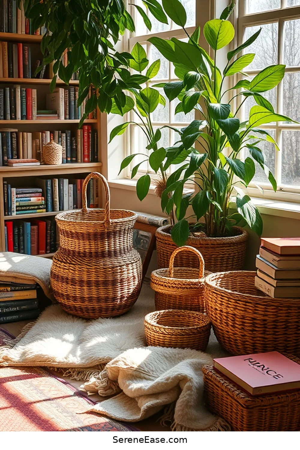 16 Ways to Incorporate Earth Tones Into Your Bohemian Library Style 5 Use Woven Baskets for Storage for 16 Ways to Incorporate Earth Tones Into Your Bohemian Library Style