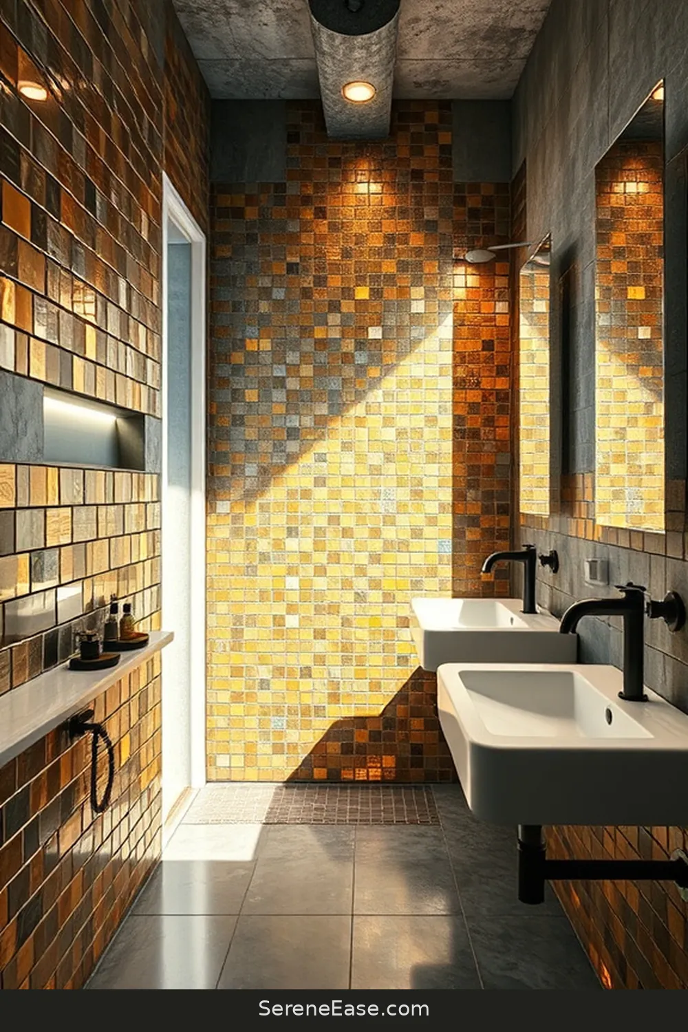 16 Ways to Incorporate Metallic Accents in Industrial Style Bathrooms 3 Incorporate Metallic Tiles for 16 Ways to Incorporate Metallic Accents in Industrial Style Bathrooms