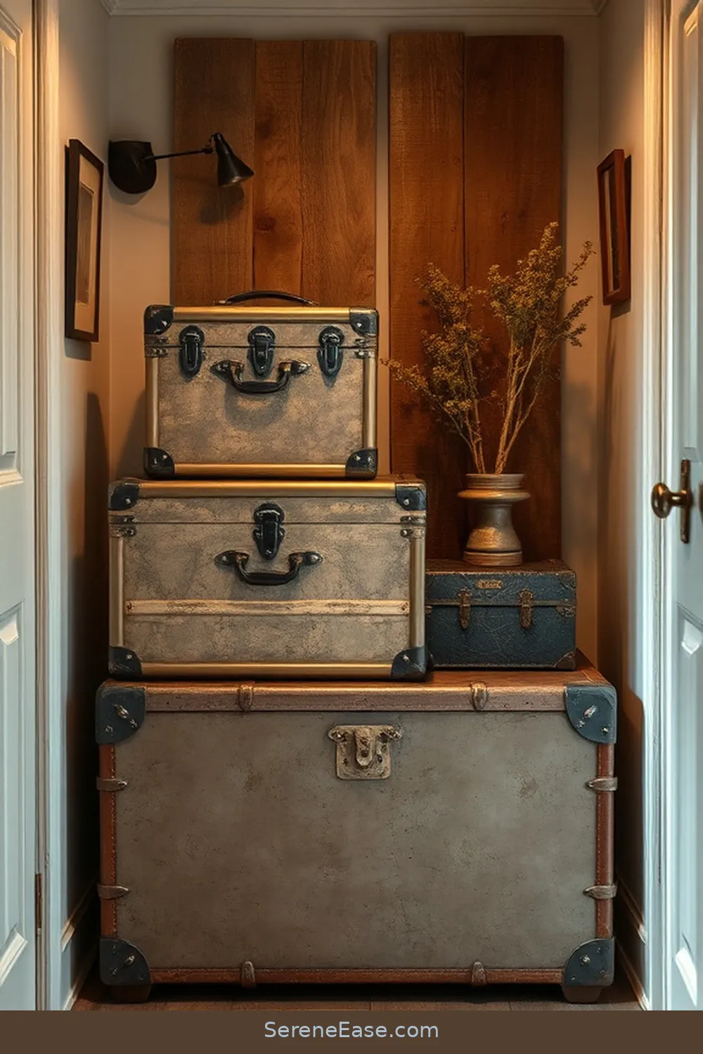 16 Ways to Incorporate Metallic Accents in a Rustic Hallway Style 12 Vintage Metallic Trunks or Storage for 16 Ways to Incorporate Metallic Accents in a Rustic Hallway Style