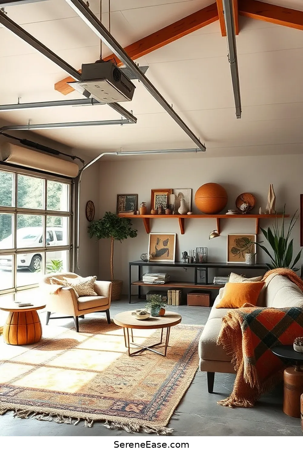 Add Soft Furnishings in Earth Tones for 16 Ways to Incorporate Neutral Tones in Mid-Century Modern Garage Style