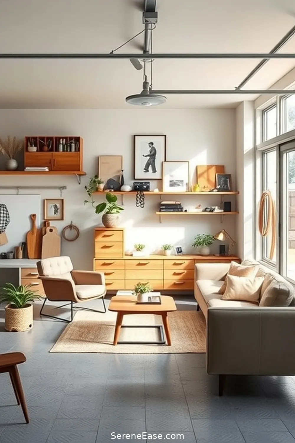 Create a Functional Workspace for 16 Ways to Incorporate Neutral Tones in Mid-Century Modern Garage Style