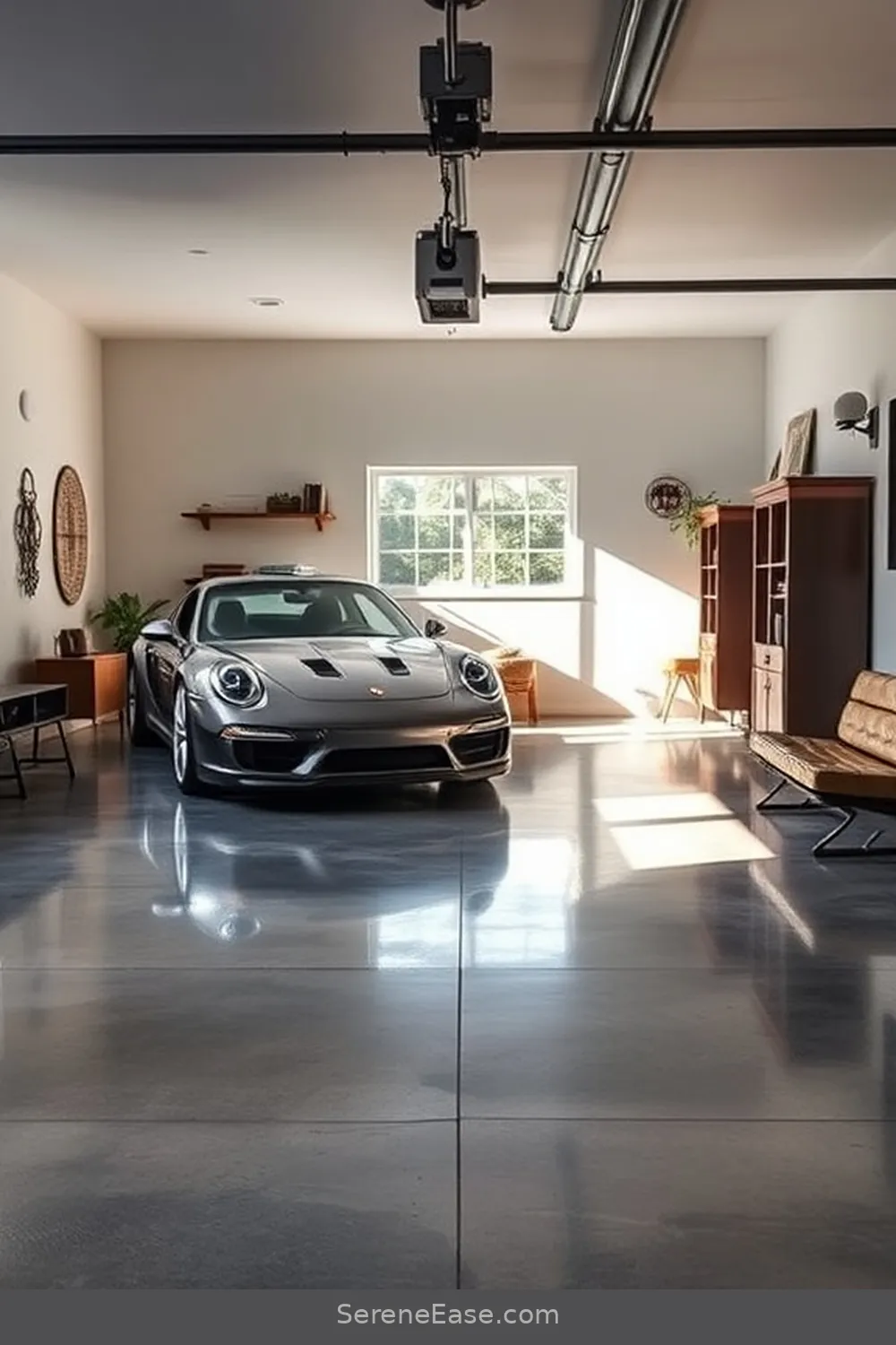 Opt for Concrete Flooring for 16 Ways to Incorporate Neutral Tones in Mid-Century Modern Garage Style