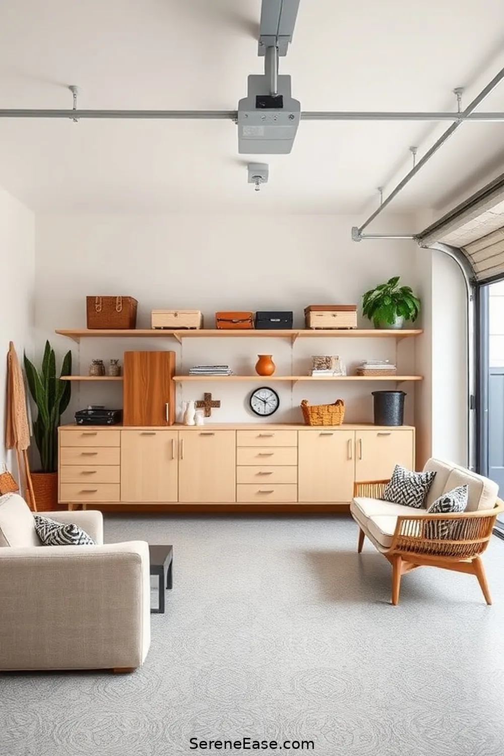 Select Sleek Storage Solutions for 16 Ways to Incorporate Neutral Tones in Mid-Century Modern Garage Style