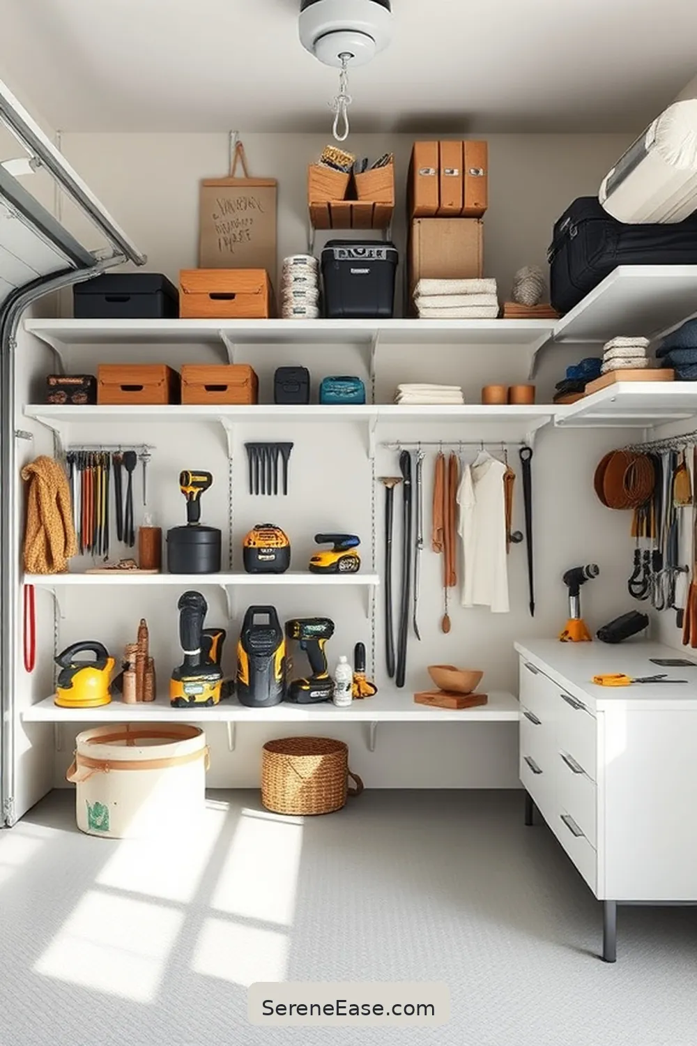 16 Ways to Incorporate Neutral Tones in Scandinavian-Style Garages 4 Opt for Minimalist Shelving for 16 Ways to Incorporate Neutral Tones in Scandinavian-Style Garages