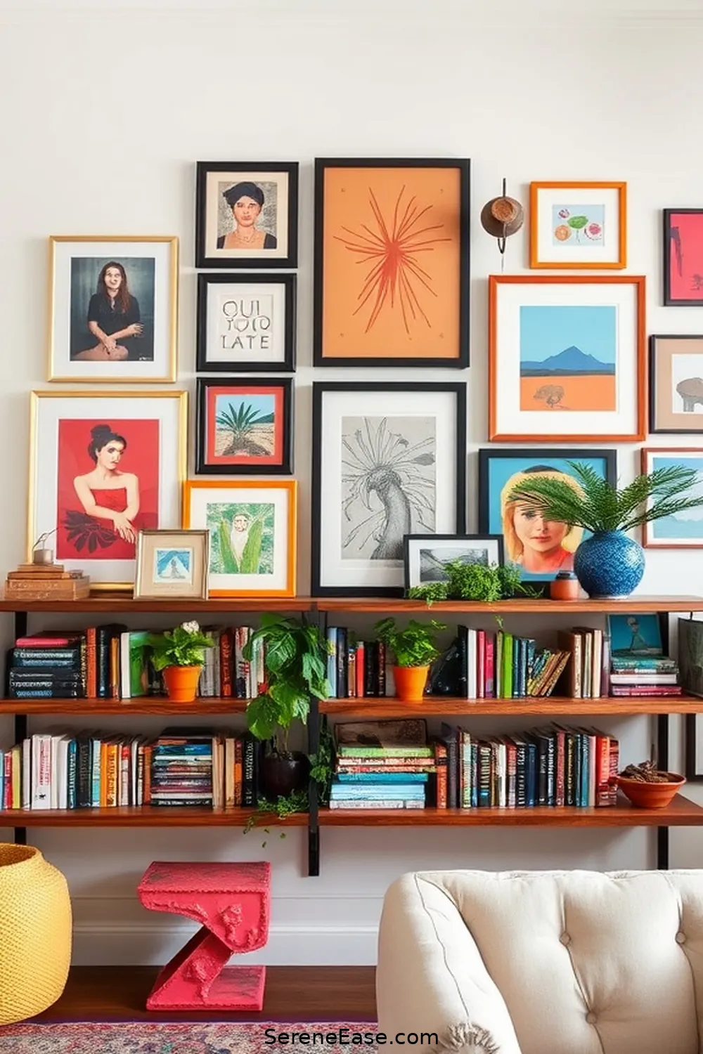 16 Ways to Infuse Bold and Bright Colors Into Rustic Library Style 13 Create a Colorful Gallery Wall for 16 Ways to Infuse Bold and Bright Colors Into Rustic Library Style