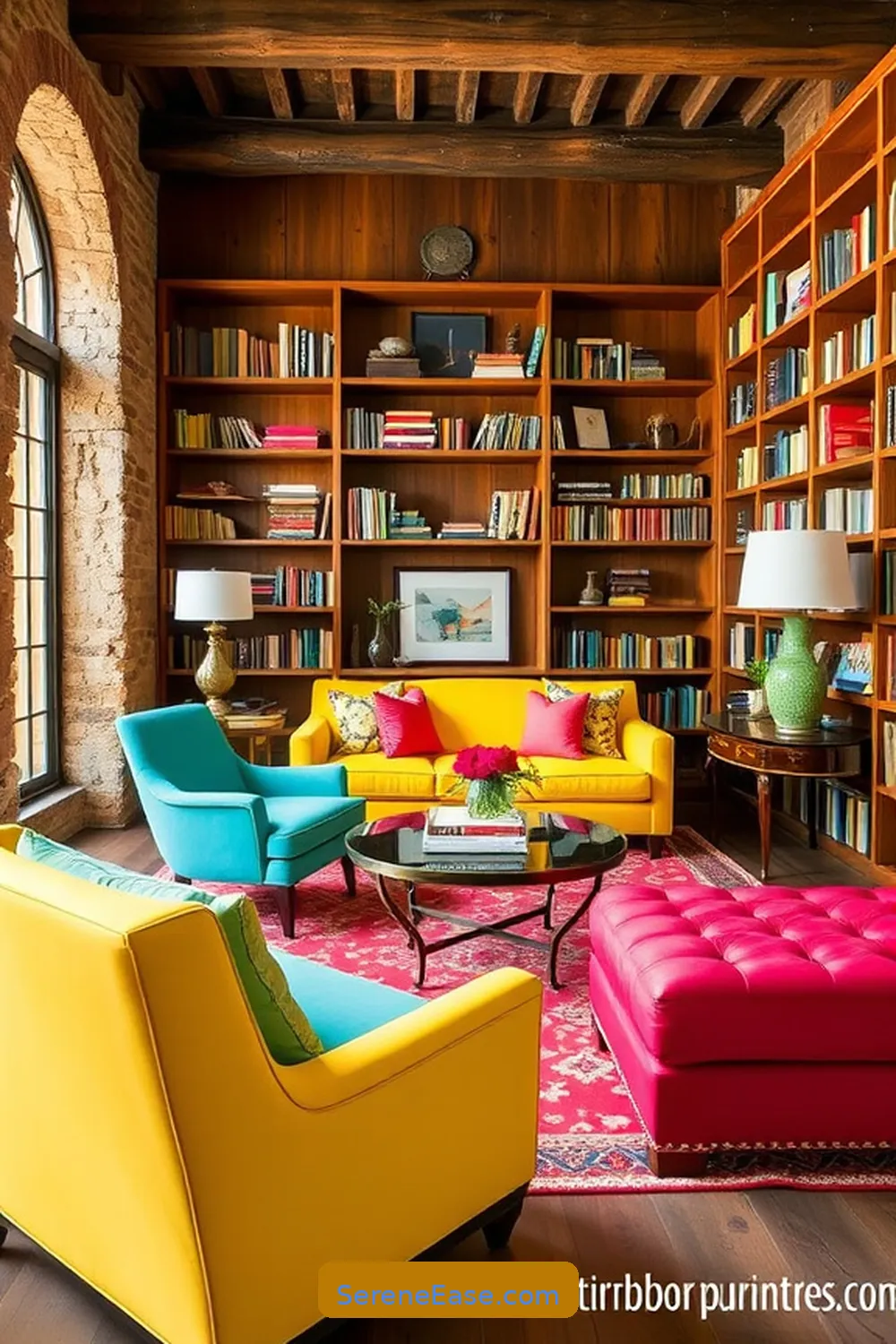 16 Ways to Infuse Bold and Bright Colors Into Rustic Library Style 3 Incorporate Vibrant Furniture Pieces for 16 Ways to Infuse Bold and Bright Colors Into Rustic Library Style