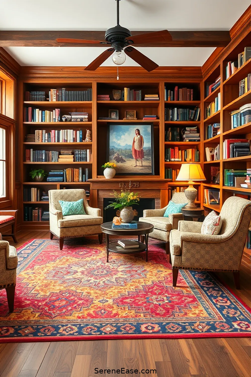 16 Ways to Infuse Bold and Bright Colors Into Rustic Library Style 9 Use Bold Area Rugs for 16 Ways to Infuse Bold and Bright Colors Into Rustic Library Style