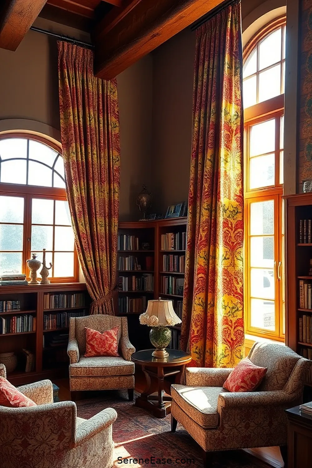 16 Ways to Infuse Bold and Bright Colors Into Rustic Library Style 16 Use Colorful Window Treatments for 16 Ways to Infuse Bold and Bright Colors Into Rustic Library Style