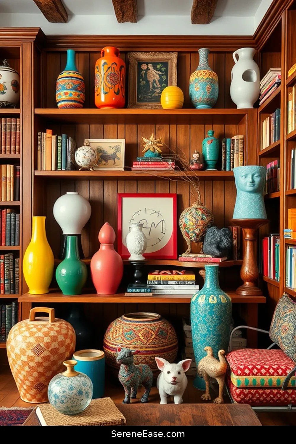 16 Ways to Infuse Bold and Bright Colors Into Rustic Library Style 12 Use Playful Decorative Objects for 16 Ways to Infuse Bold and Bright Colors Into Rustic Library Style