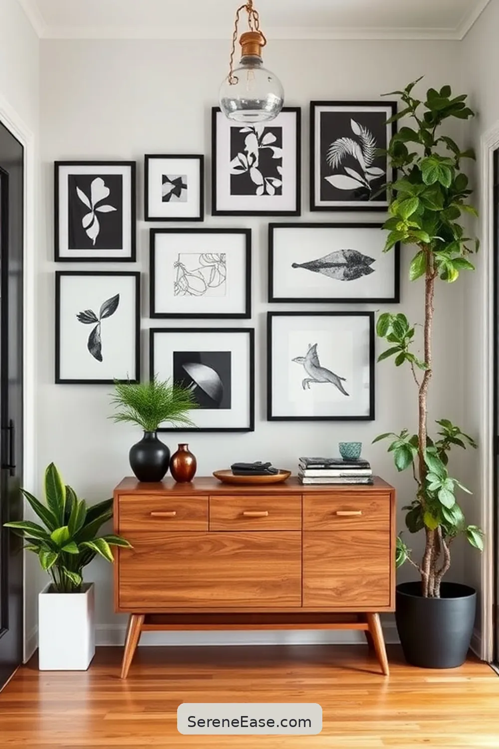 16 Ways to Style a Black and White Mid-Century Modern Entryway 10 Create a Gallery Wall for 16 Ways to Style a Black and White Mid-Century Modern Entryway