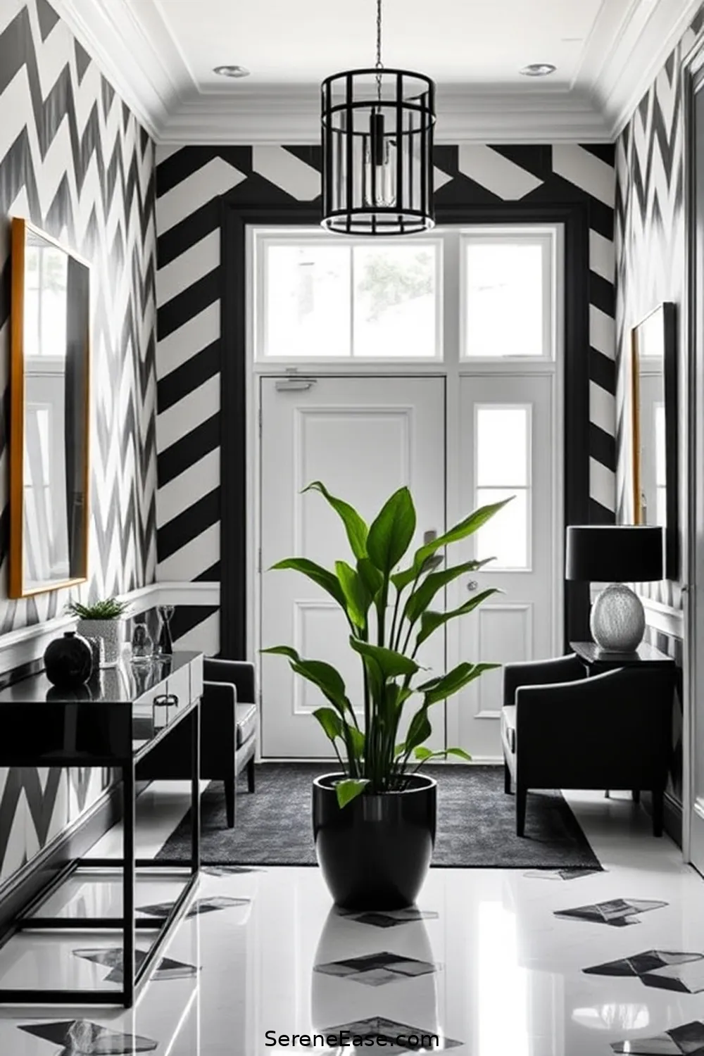 16 Ways to Style a Black and White Mid-Century Modern Entryway 2 Embrace Geometric Patterns for 16 Ways to Style a Black and White Mid-Century Modern Entryway