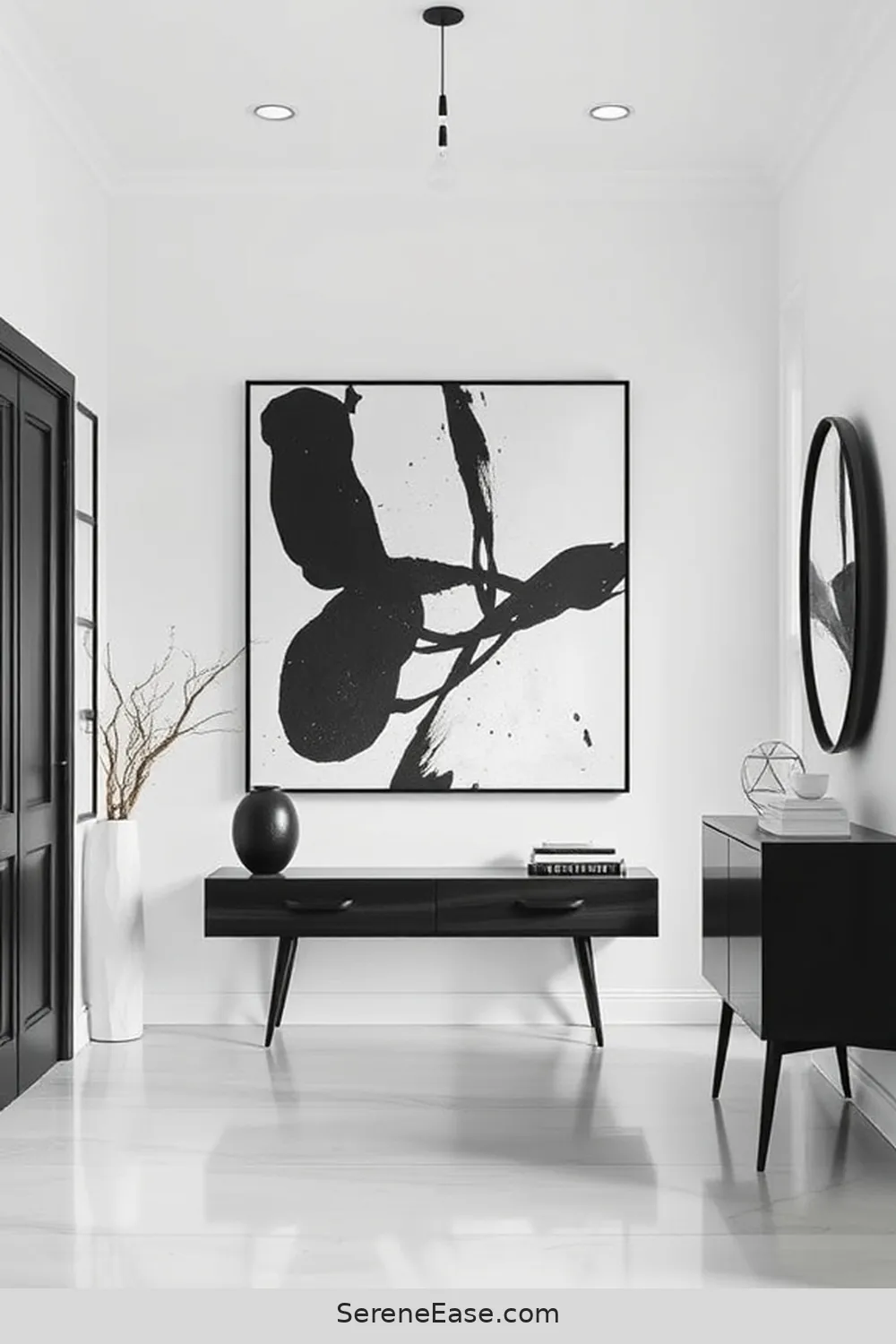 16 Ways to Style a Black and White Mid-Century Modern Entryway 3 Incorporate Bold Artwork for 16 Ways to Style a Black and White Mid-Century Modern Entryway
