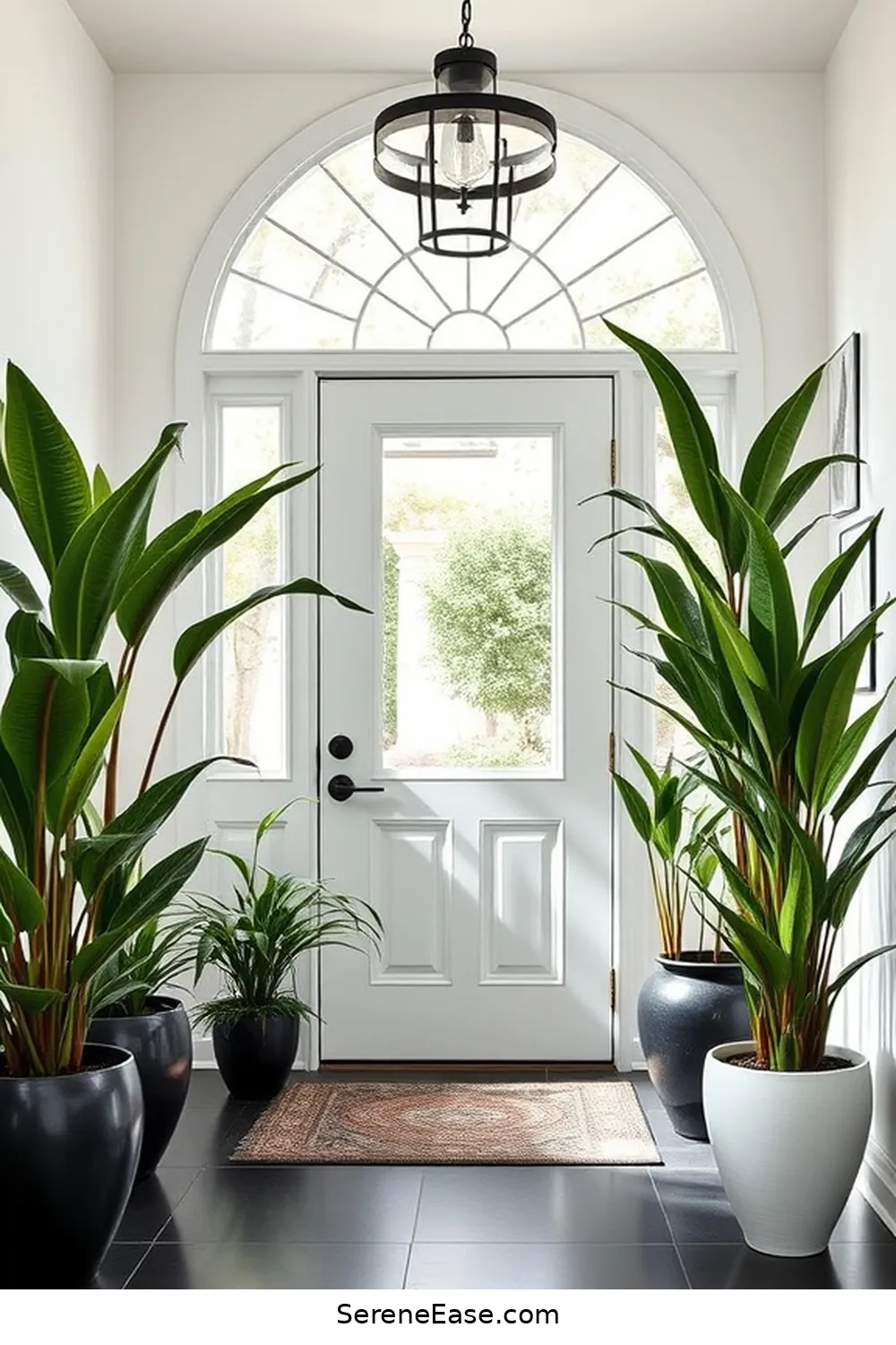 16 Ways to Style a Black and White Mid-Century Modern Entryway 14 Integrate Plants for Freshness for 16 Ways to Style a Black and White Mid-Century Modern Entryway
