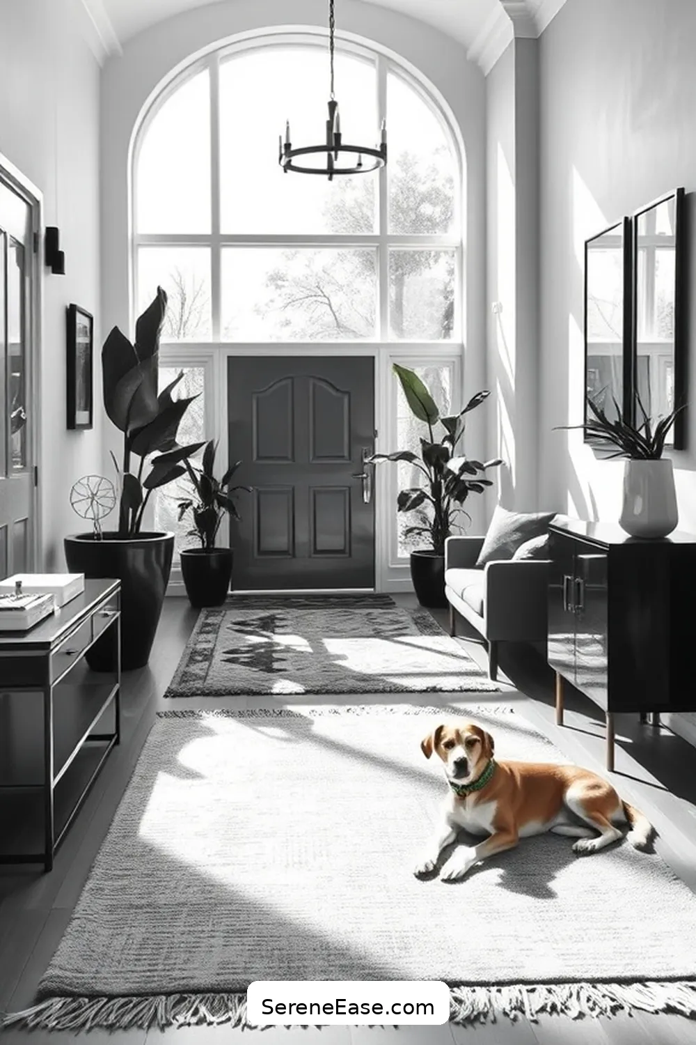 16 Ways to Style a Black and White Mid-Century Modern Entryway 13 Use Area Rugs for Texture for 16 Ways to Style a Black and White Mid-Century Modern Entryway