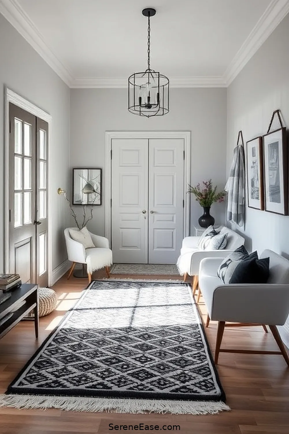 16 Ways to Style a Black and White Mid-Century Modern Entryway 6 Use Monochrome Textiles for 16 Ways to Style a Black and White Mid-Century Modern Entryway