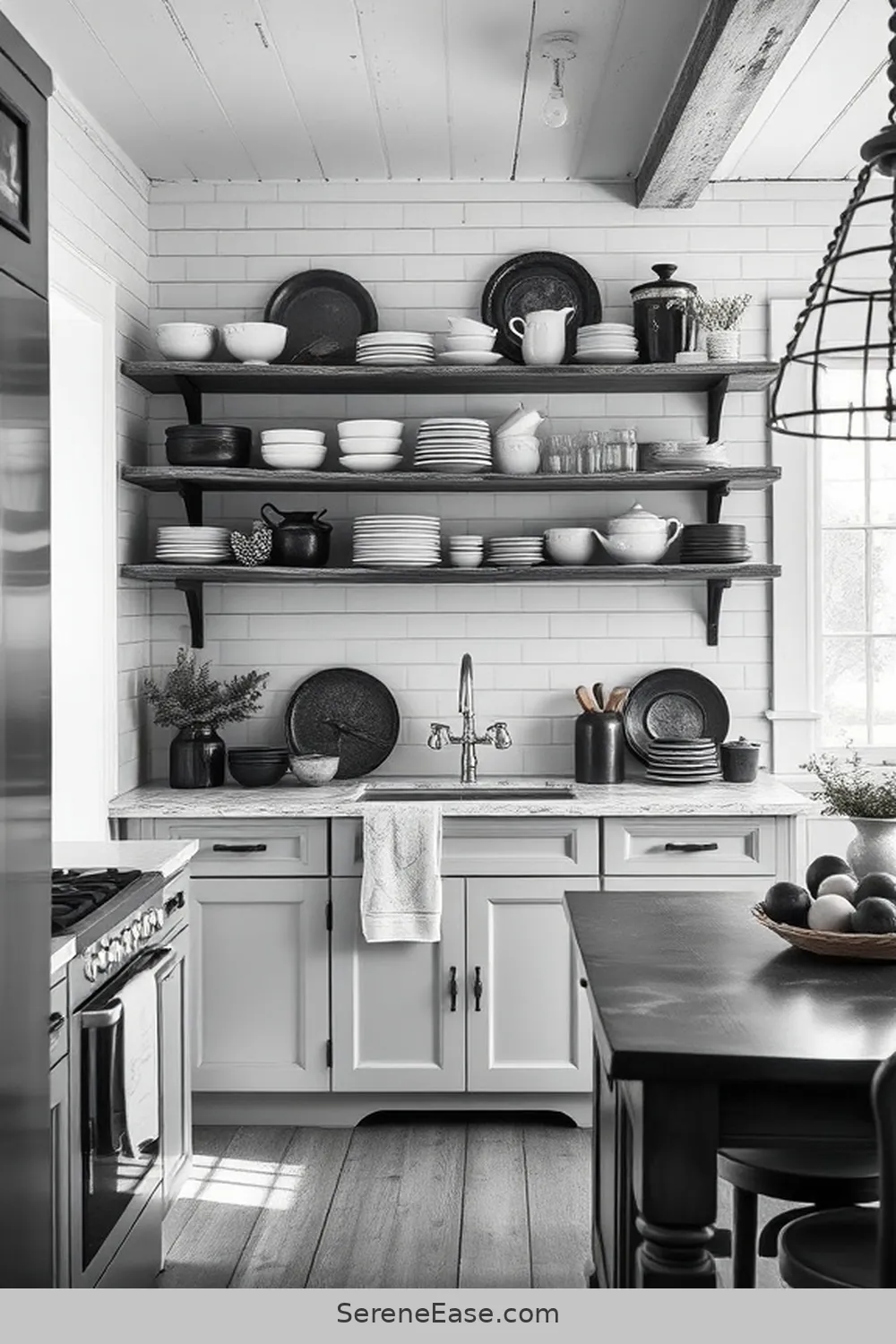 17 Stunning Black and White Rustic Style Kitchen Ideas 8 Open Shelving With Rustic Dishware for 17 Stunning Black and White Rustic Style Kitchen Ideas