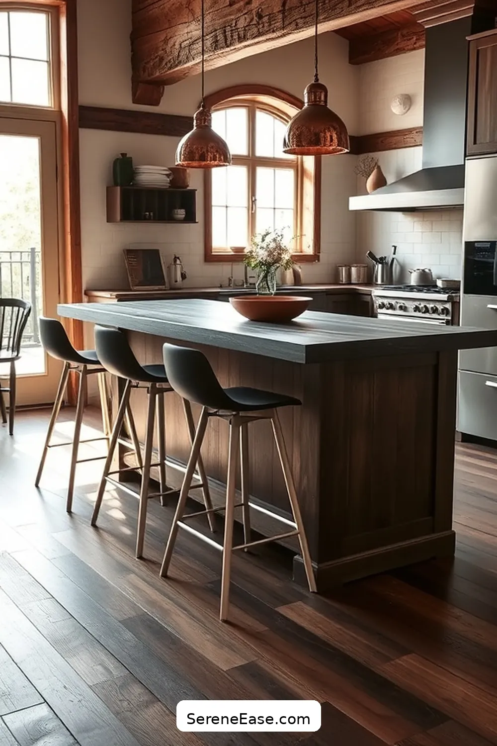 17 Stunning Black and White Rustic Style Kitchen Ideas 12 Rustic Island With Modern Seating for 17 Stunning Black and White Rustic Style Kitchen Ideas