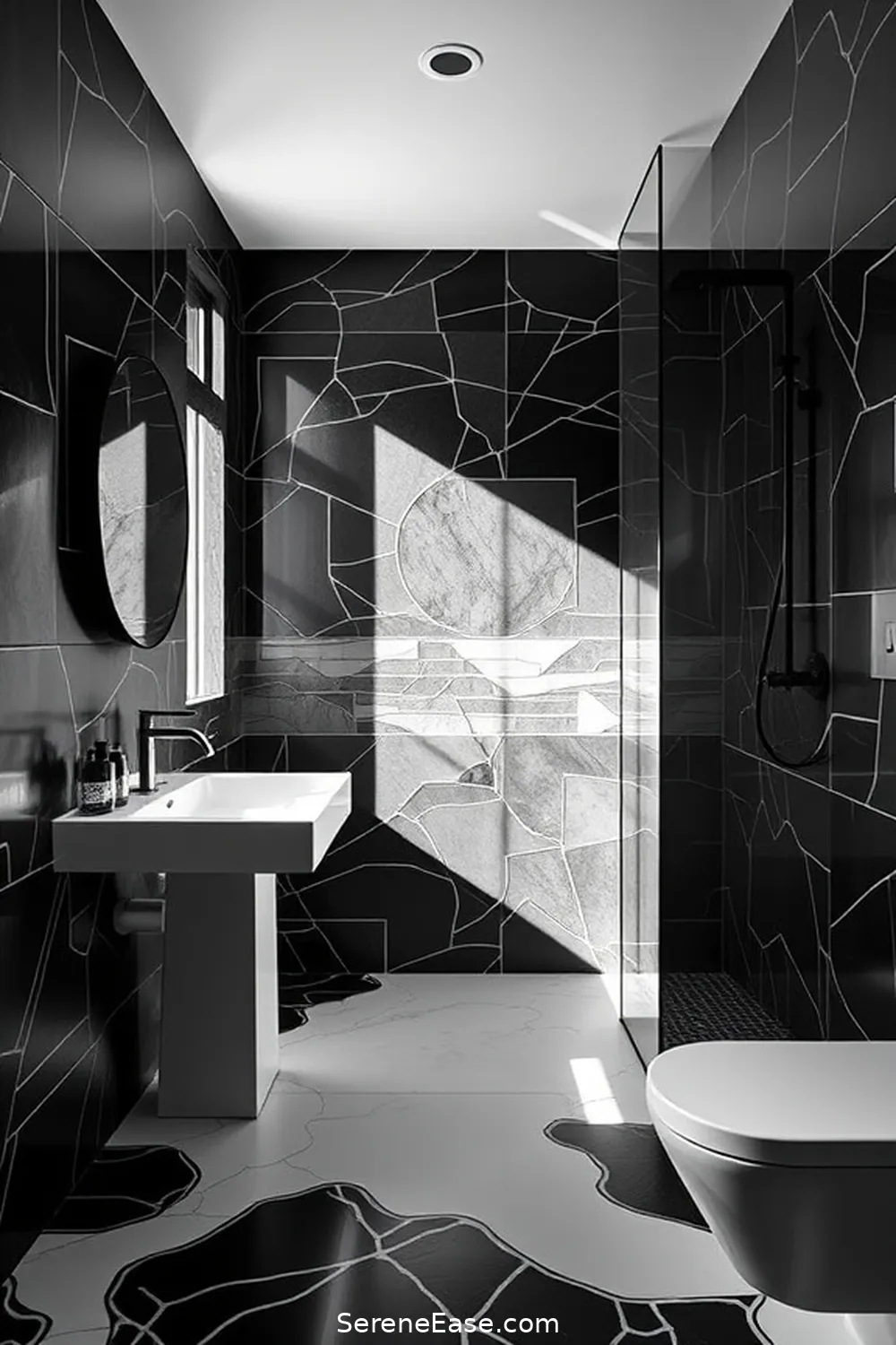 17 Stunning Ideas for a Black and White Minimalist Bathroom Style 3 Bold Geometric Tiles for 17 Stunning Ideas for a Black and White Minimalist Bathroom Style