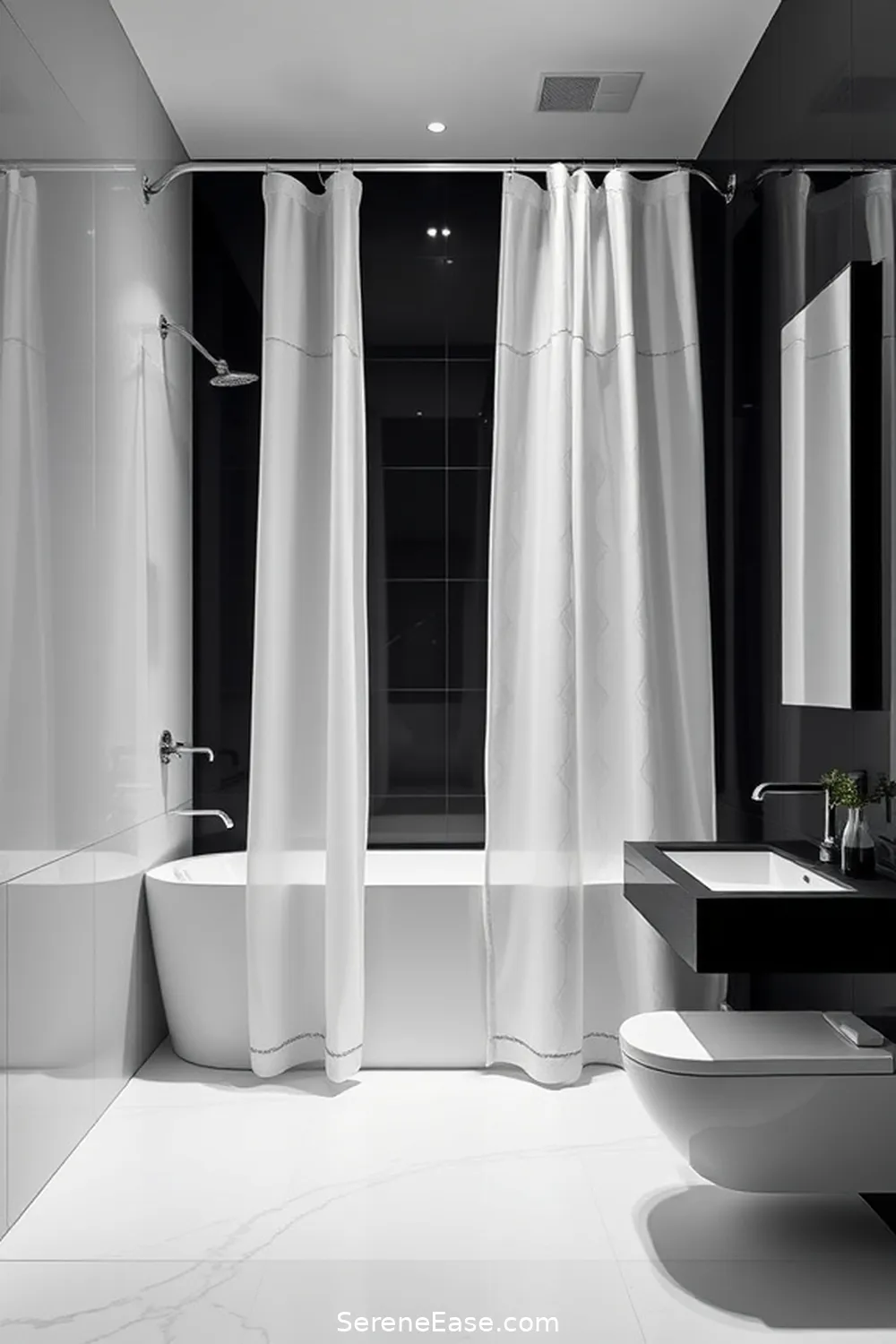 17 Stunning Ideas for a Black and White Minimalist Bathroom Style 15 Subtle Patterns in Shower Curtains for 17 Stunning Ideas for a Black and White Minimalist Bathroom Style