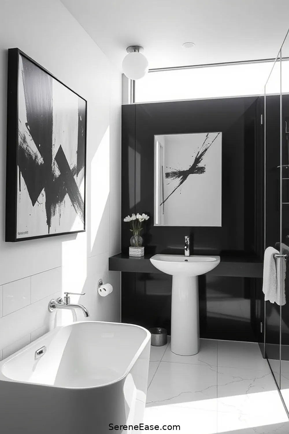 17 Stunning Ideas for a Black and White Minimalist Bathroom Style 14 Unique Black and White Artwork for 17 Stunning Ideas for a Black and White Minimalist Bathroom Style