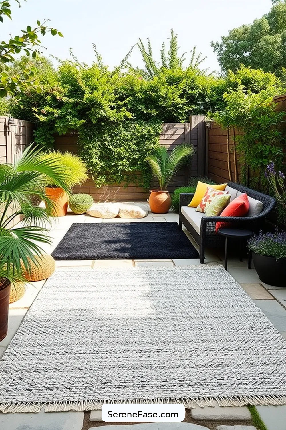 17 Ways to Achieve Monochromatic Bohemian Style for Your Outdoor Patio 6 Use Statement Rugs for 17 Ways to Achieve Monochromatic Bohemian Style for Your Outdoor Patio