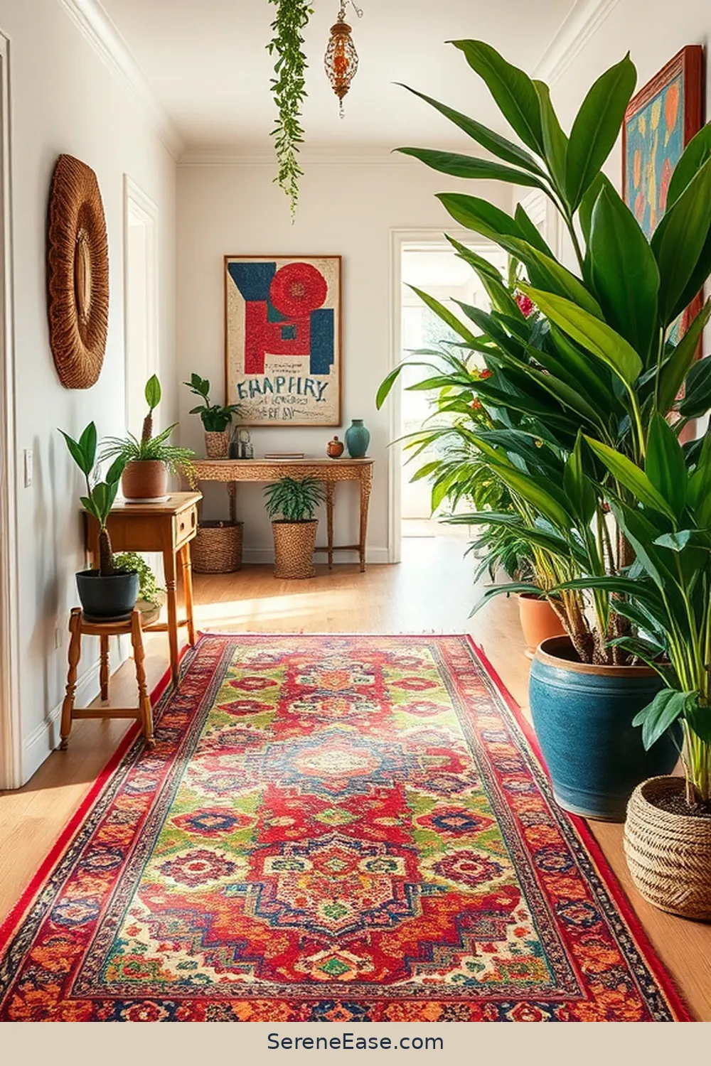 17 Ways to Create Bold and Bright Bohemian Style in Your Hallway 4 Incorporate a Statement Rug for 17 Ways to Create Bold and Bright Bohemian Style in Your Hallway