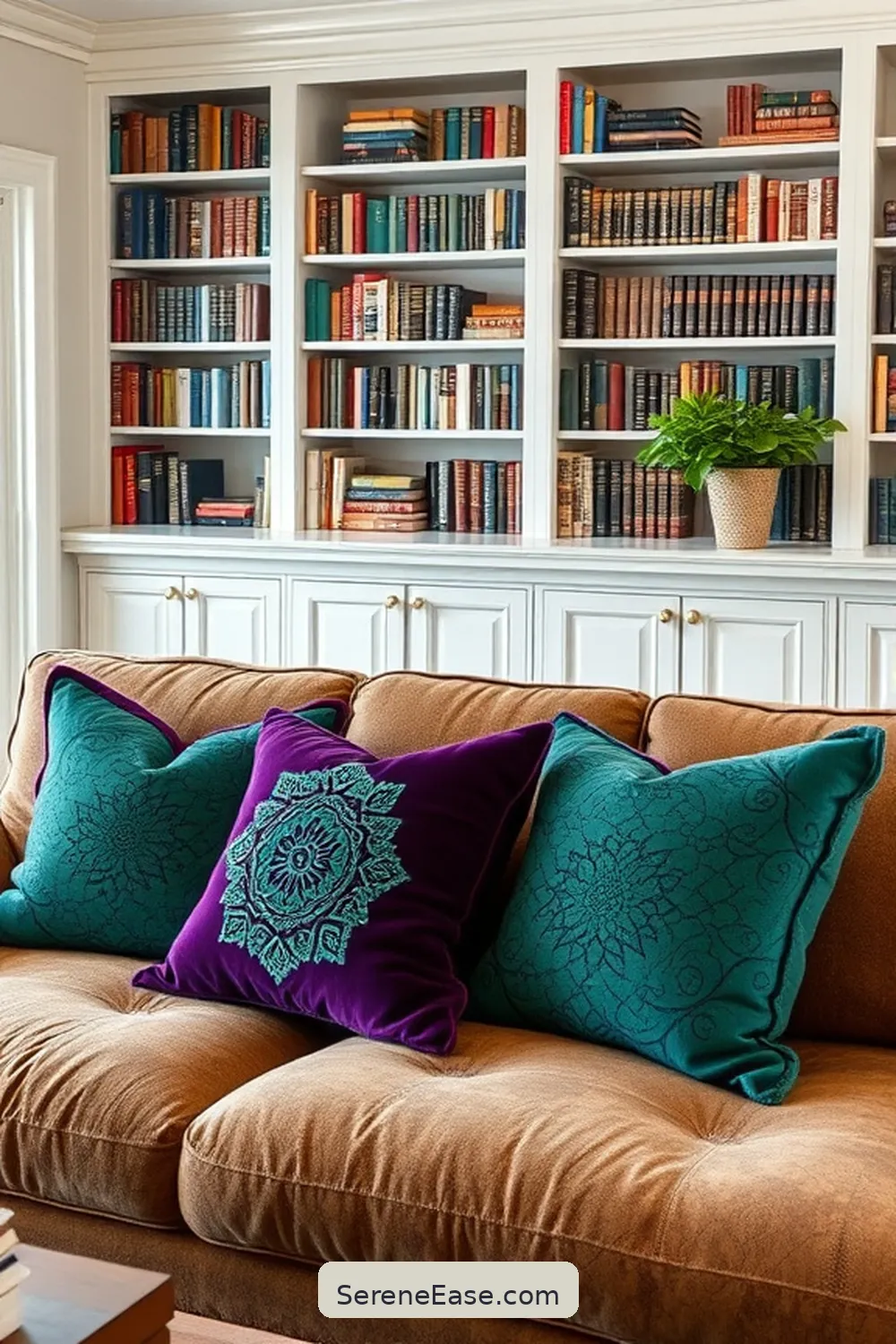 Decorative Pillows in Vibrant Colors for 17 Ways to Incorporate Jewel Tones in Modern Farmhouse Library Style